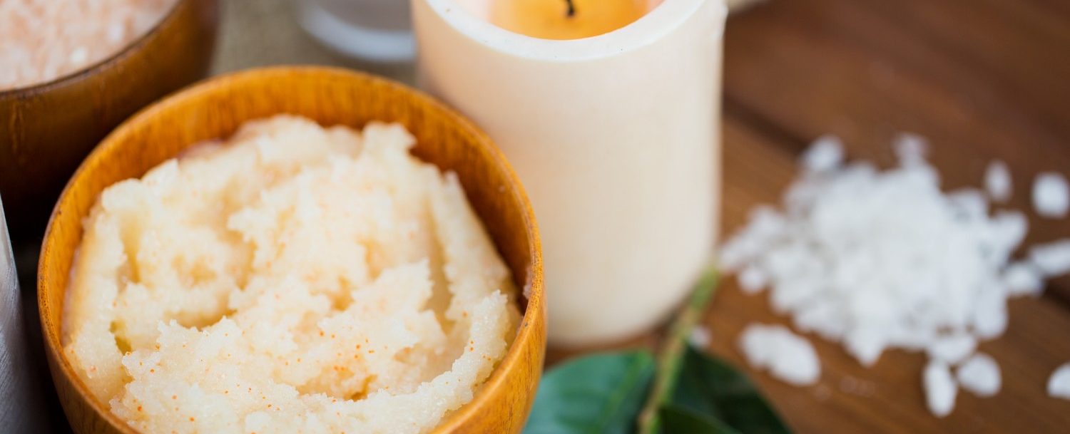 Spa concept: candles, body scrub, and bath salts: Kiawah Island spa.